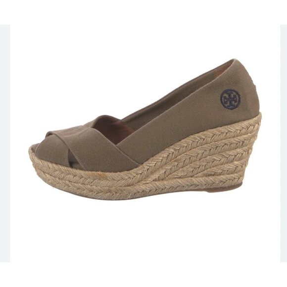 Tory Burch Woven Textile Peep Toe Wedges Sandals Rope Tan Brown Sz 7 B Casual - Picture 1 of 6